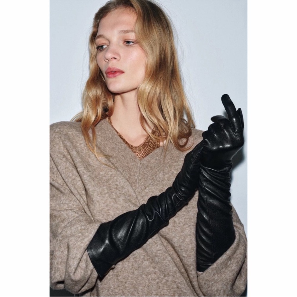 Zara Elegant Black long over elbow,REAL  Leather Gloves